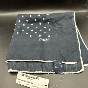 Drakes Blue and White Polka Dot Silk Blend Pocket Square
